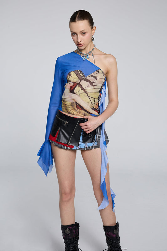 Binary Motif One Shoulder Print Top