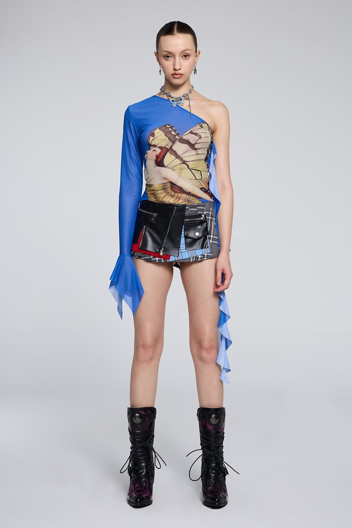 Binary Motif One Shoulder Print Top