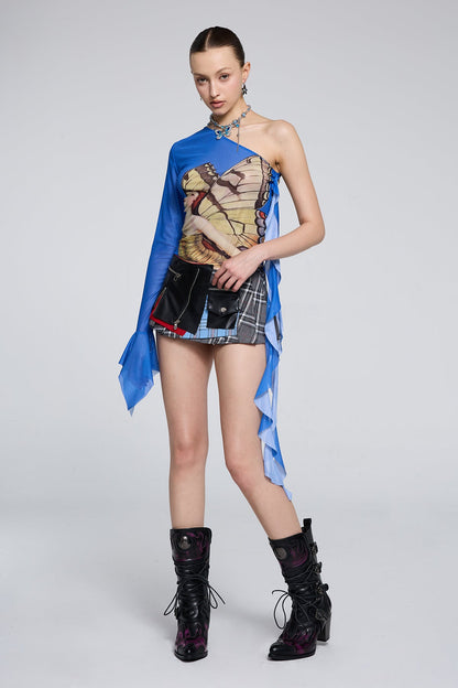 Binary Motif One Shoulder Print Top
