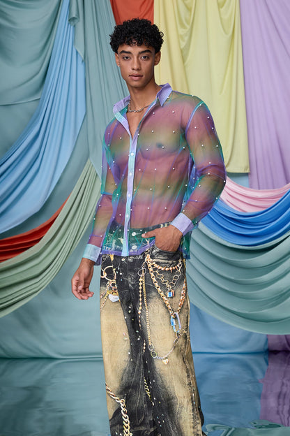 Binary Texture Pearl Mesh Long Sleeve Shirt