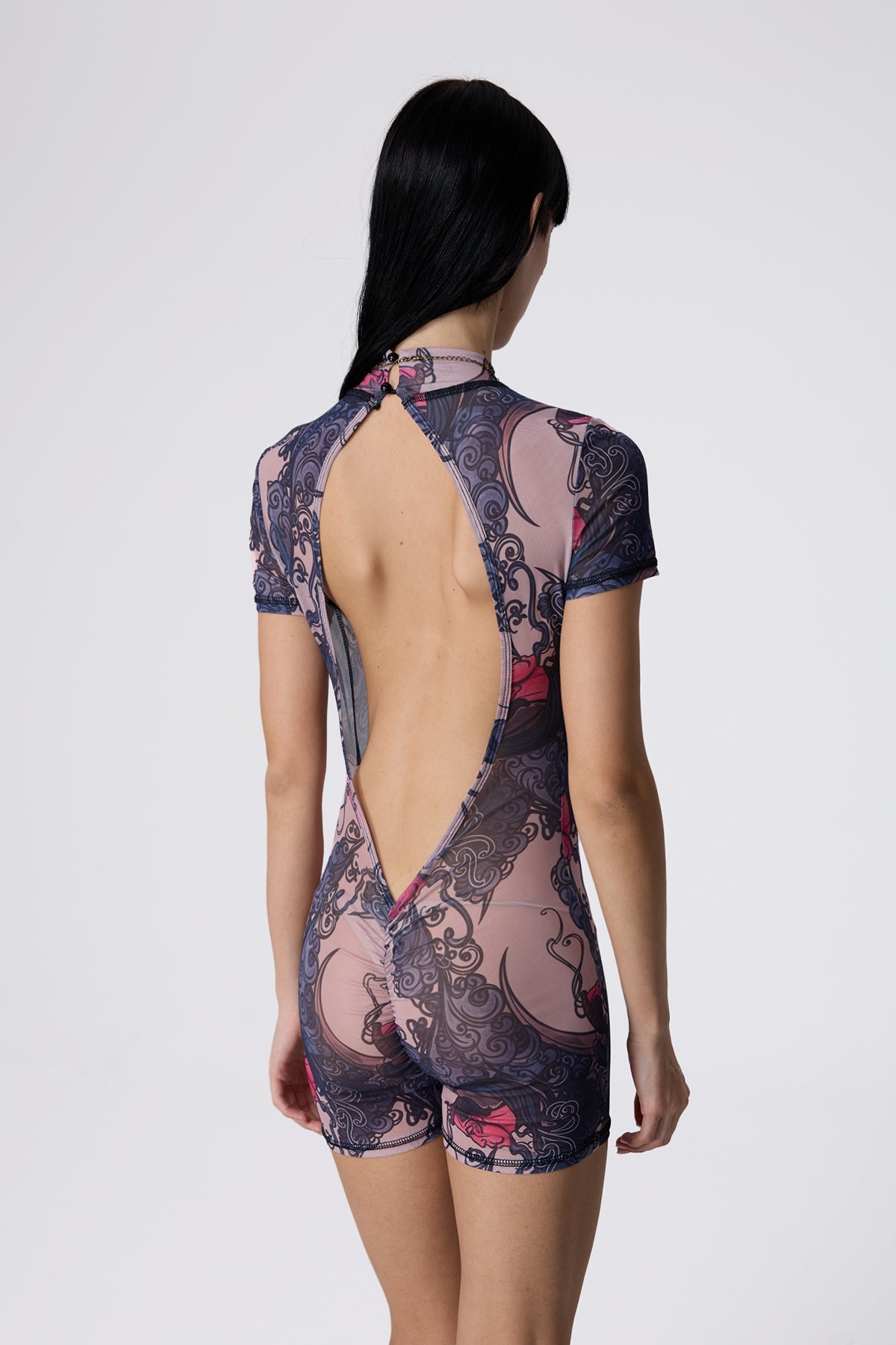 Black Cage Mesh Print Playsuit