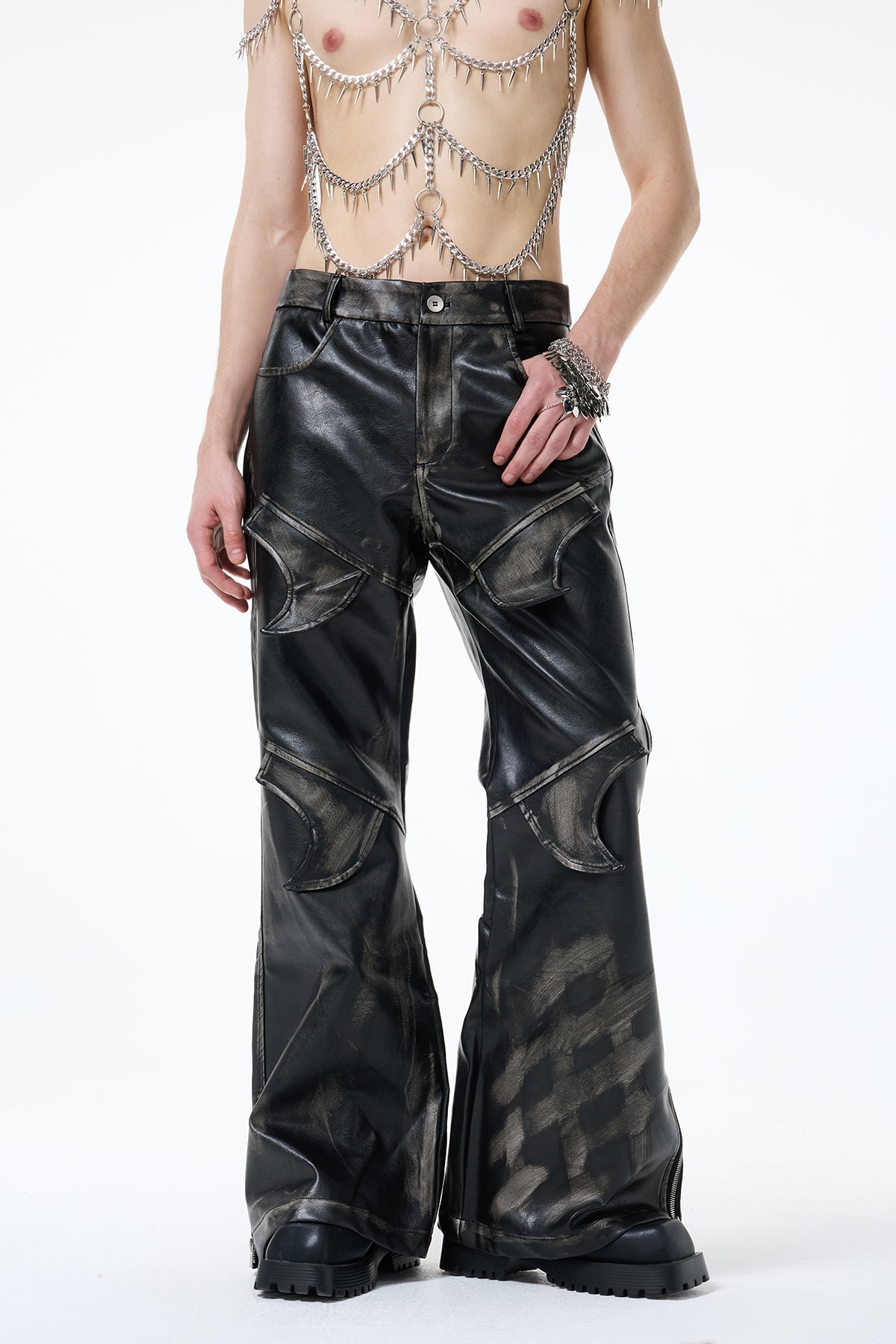 Black Loop Deconstructed Leather Bootcut Pants
