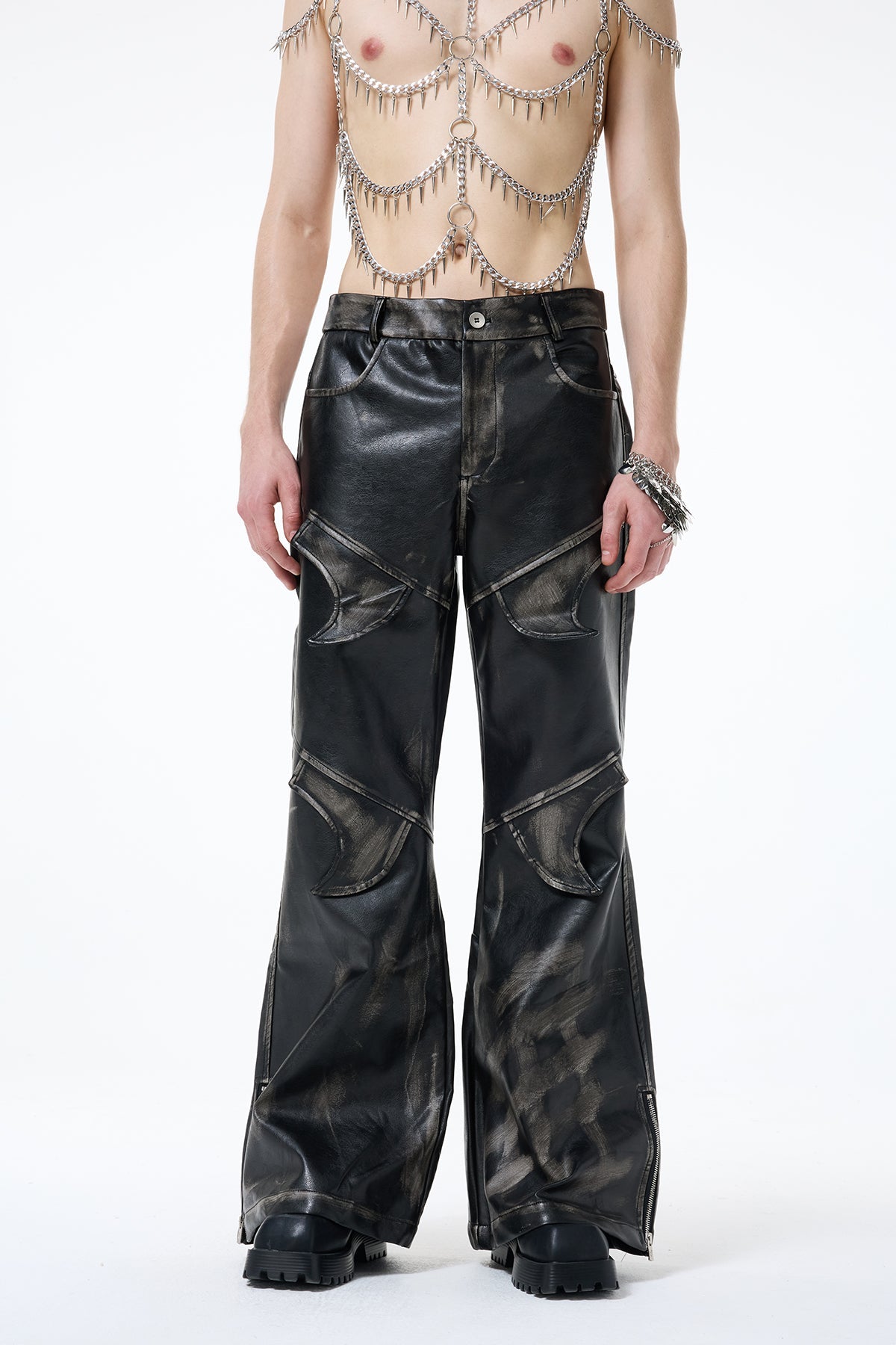 Black Loop Deconstructed Leather Bootcut Pants