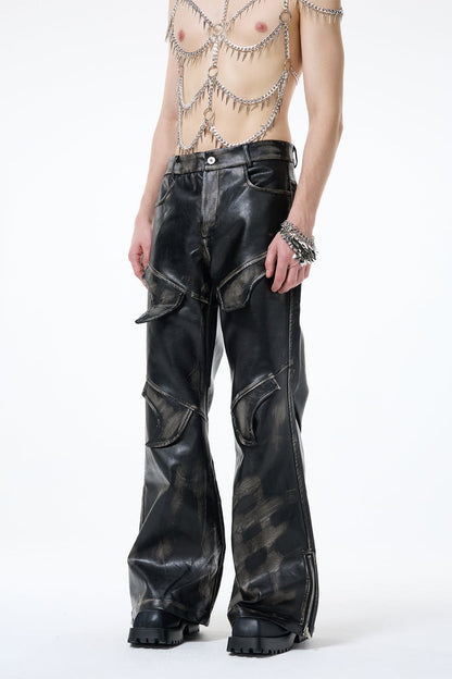 Black Loop Deconstructed Leather Bootcut Pants