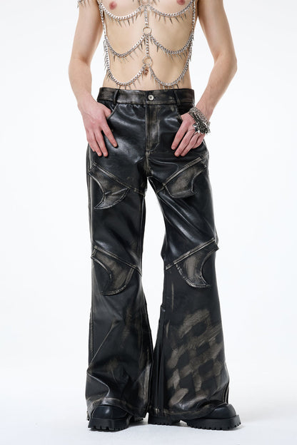 Black Loop Deconstructed Leather Bootcut Pants