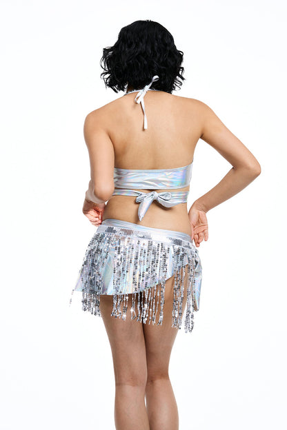Bling Beam Fringe Sequin Bikini Three Piece Set