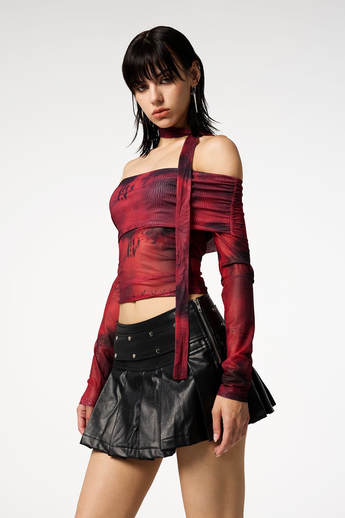 Bloody Rose Off Shoulder Dye Mesh Top
