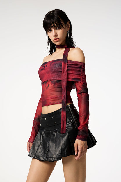 Bloody Rose Off Shoulder Dye Mesh Top