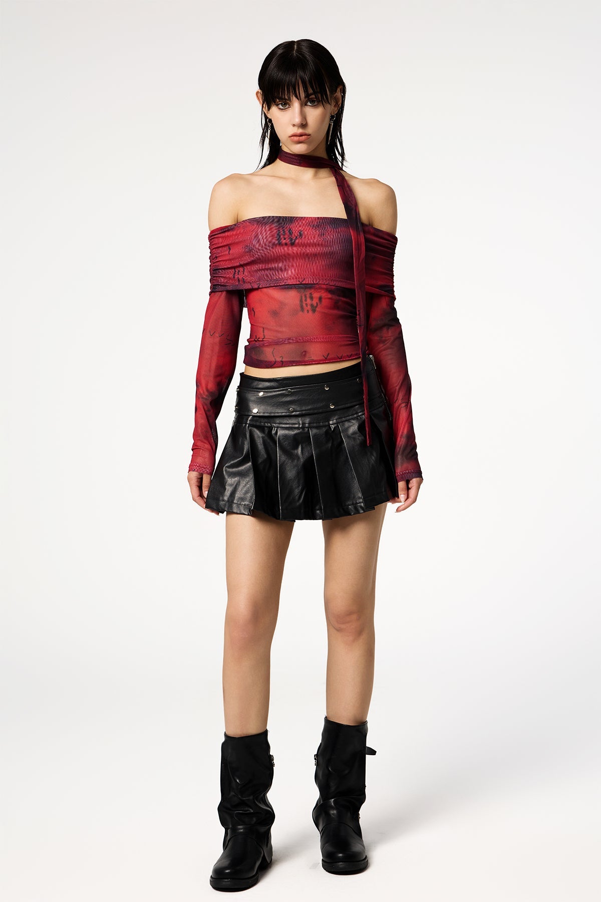Bloody Rose Off Shoulder Dye Mesh Top