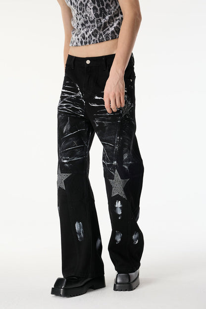 Blur Strip Rhinestone Wide Leg Jeans