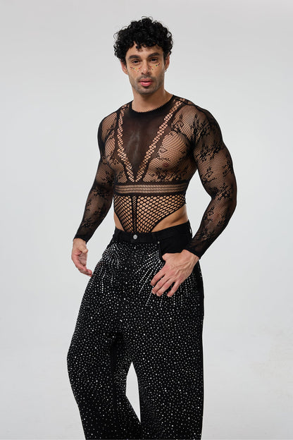 Body Alignment Long Sleeve Mesh Cutout Bodysuit