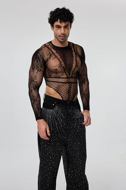 Body Alignment Long Sleeve Mesh Cutout Bodysuit