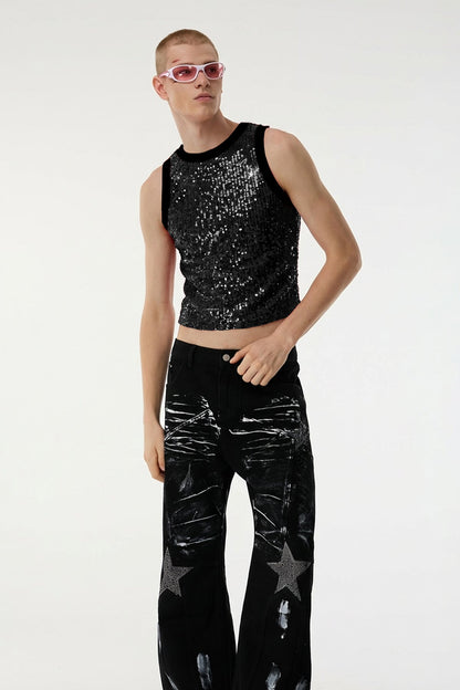 Body Spark Sequin Sleeveless Crop Top Black