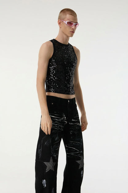 Body Spark Sequin Sleeveless Crop Top Black