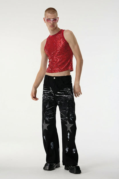 Body Spark Sequin Sleeveless Crop Top Red