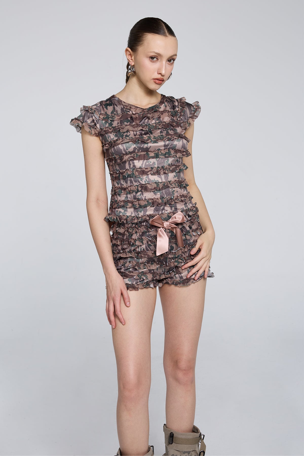 Bold Script Camouflage Print Ruffle Shorts Set