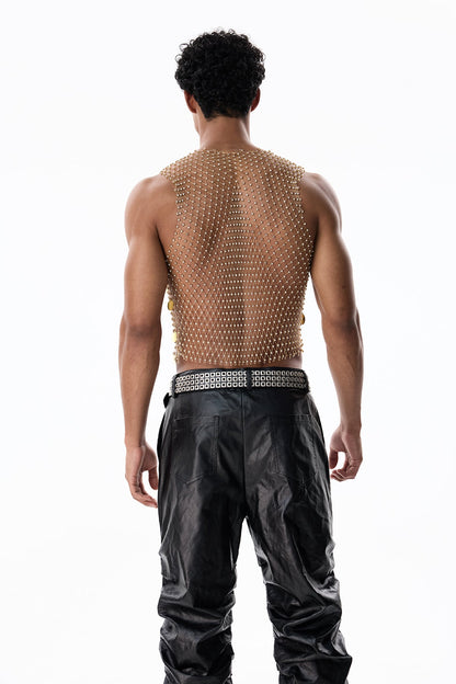 Brilliant Stone Sequin Rhinestone Mesh Sleeveless Top