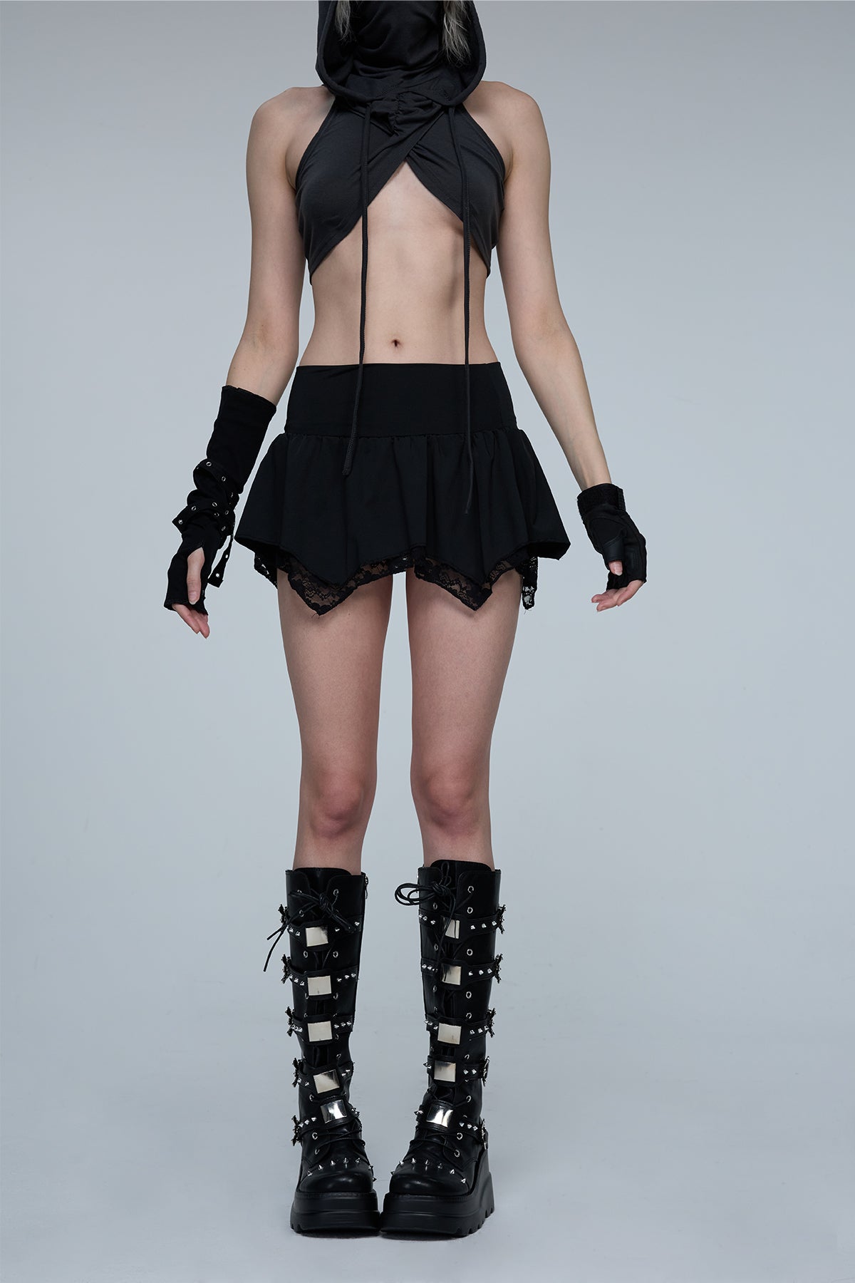 Brutal Black Asymmetric Lace Mini Skirt