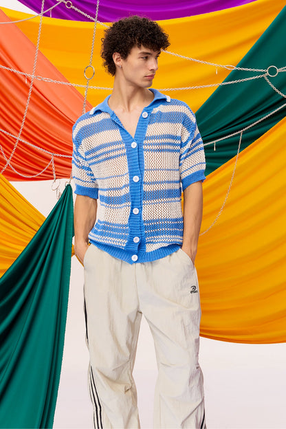 Calm Weaving Stripe Knit Shirt Blue