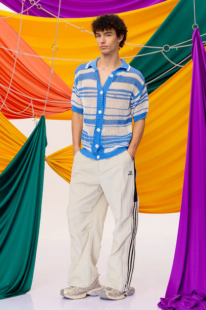 Calm Weaving Stripe Knit Shirt Blue