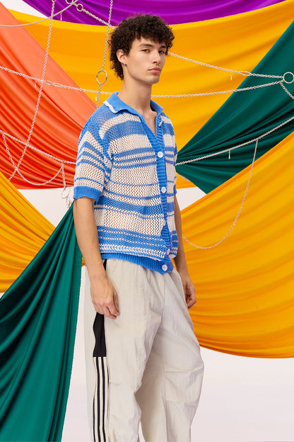 Calm Weaving Stripe Knit Shirt Blue