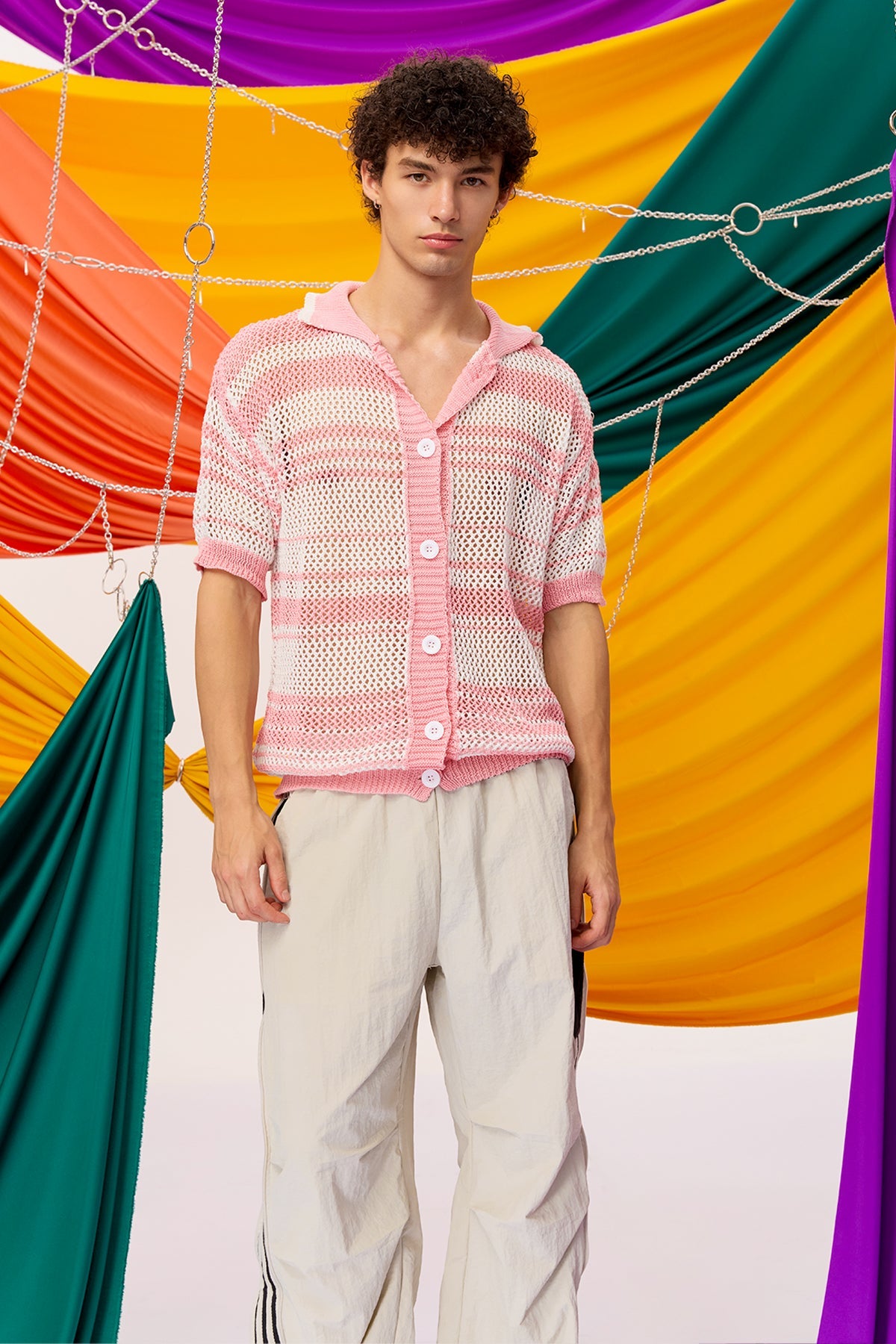 Calm Weaving Stripe Knit Shirt Pink