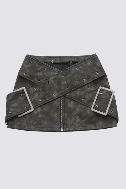 Chain Grip Eyelet Leather Mini Skirt