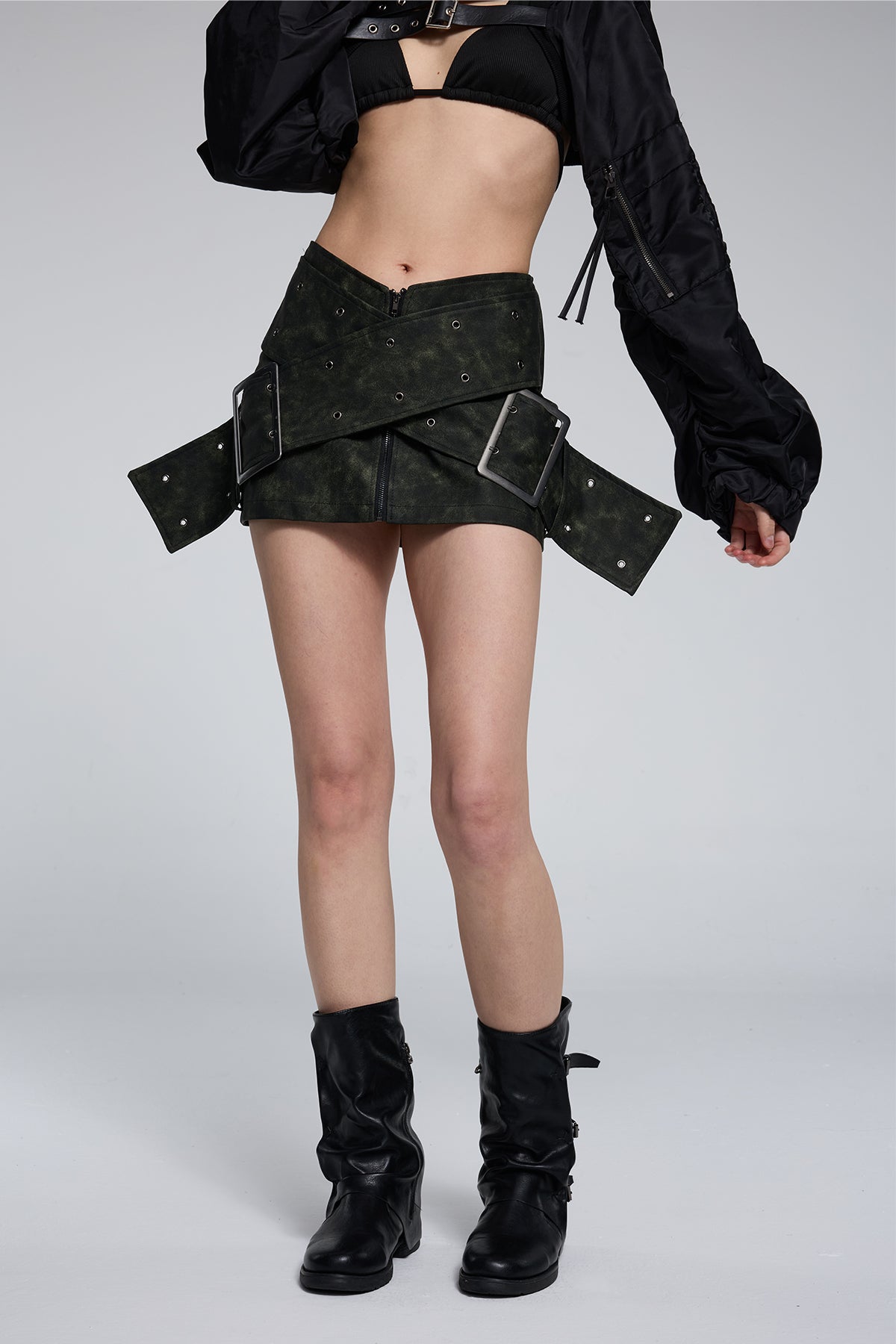 Chain Grip Eyelet Leather Mini Skirt