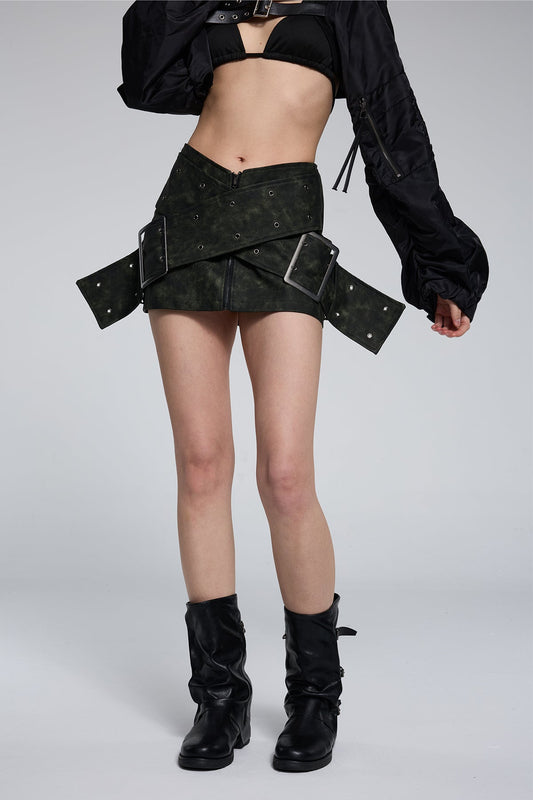 Chain Grip Eyelet Leather Mini Skirt