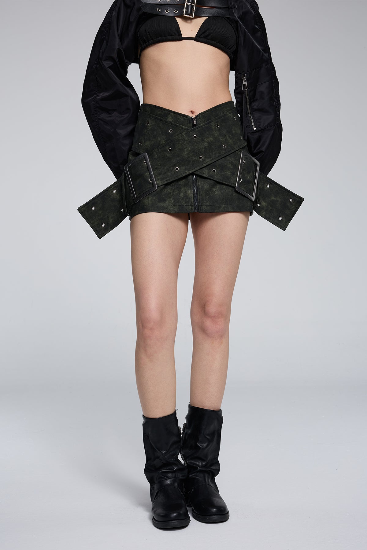 Chain Grip Eyelet Leather Mini Skirt