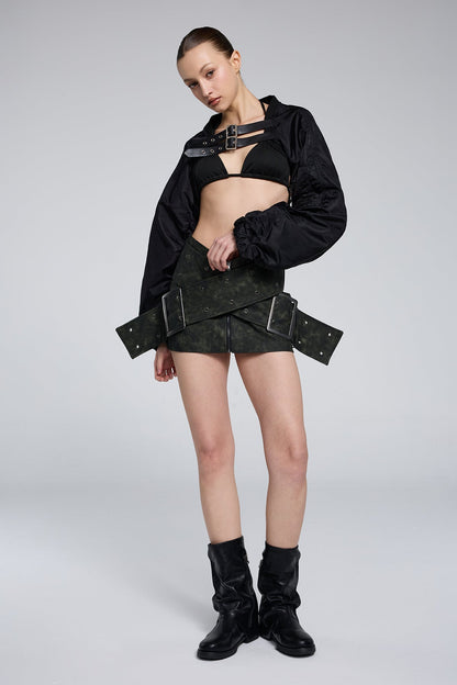 Chain Grip Eyelet Leather Mini Skirt