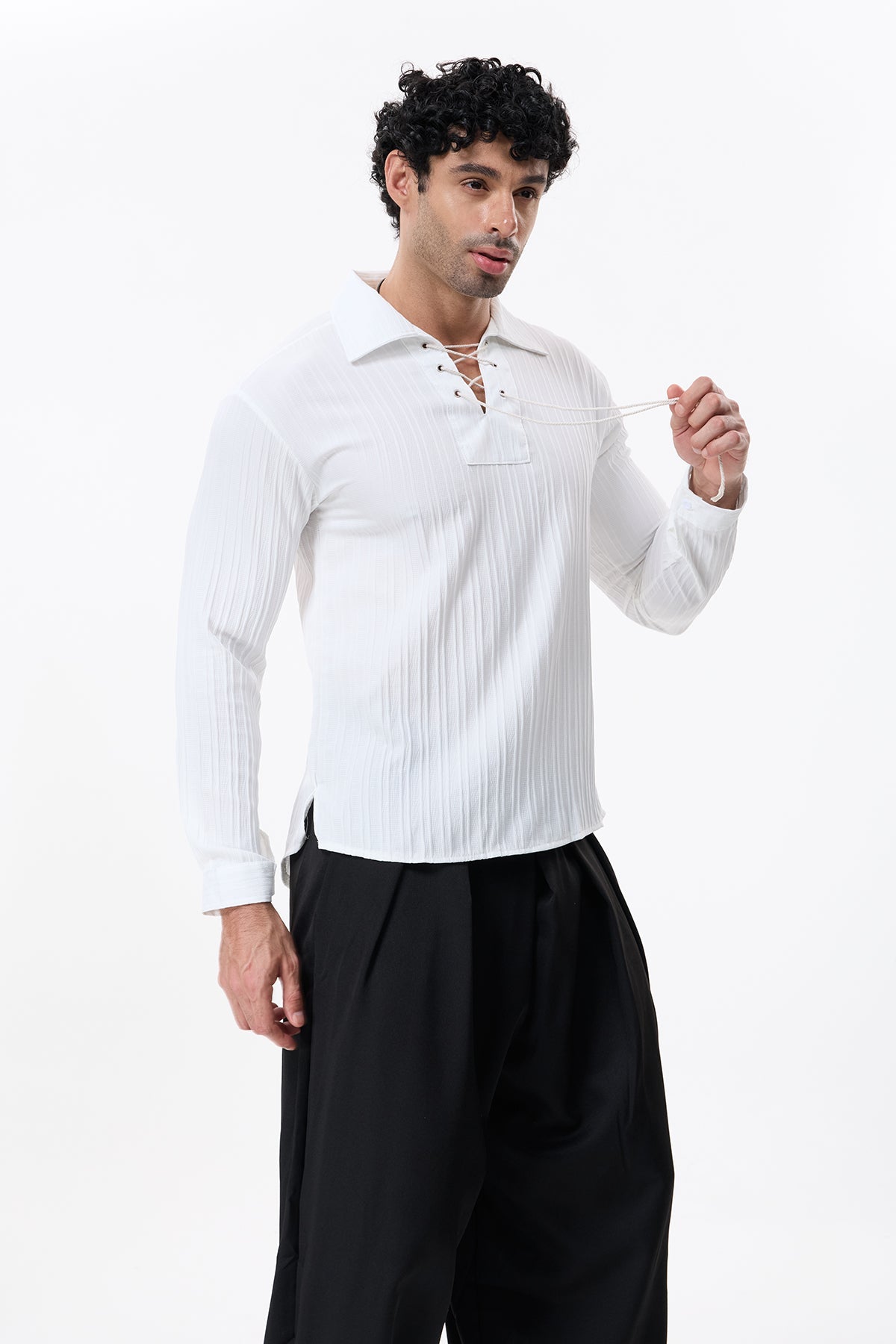 Charcoal Layer V Neck Lace Up Shirt