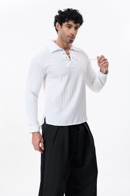Charcoal Layer V Neck Lace Up Shirt