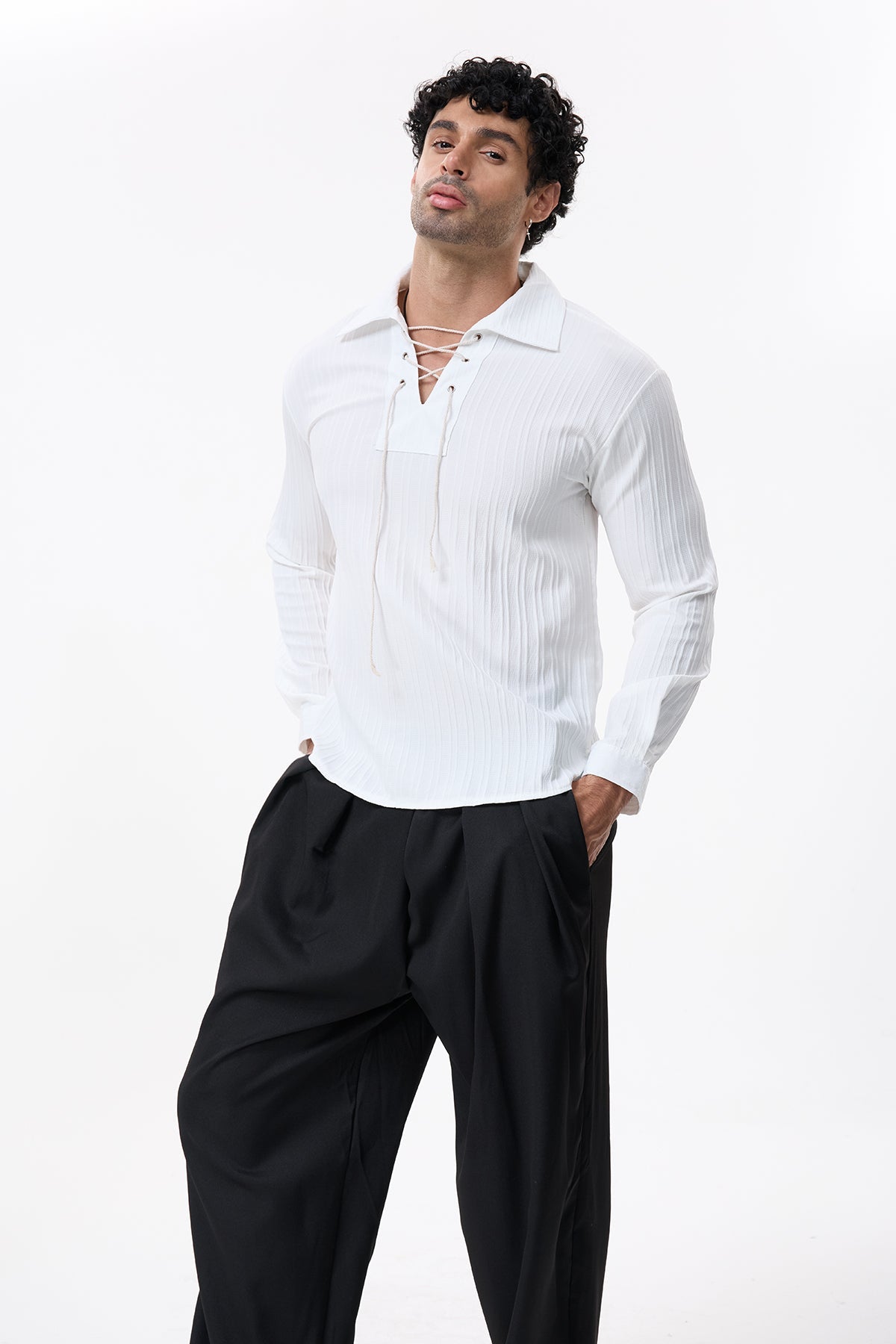 Charcoal Layer V Neck Lace Up Shirt