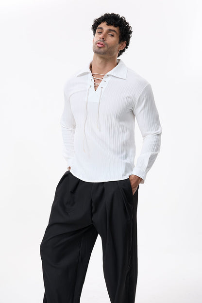 Charcoal Layer V Neck Lace Up Shirt