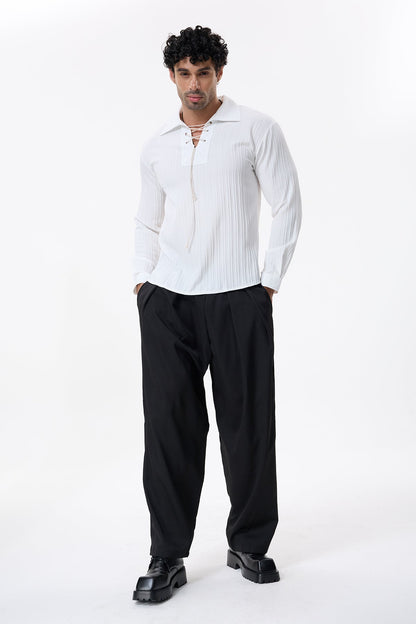 Charcoal Layer V Neck Lace Up Shirt