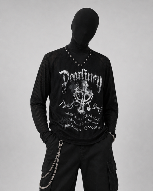 Gothic Printed Long Sleeve Top with Studded Neckline