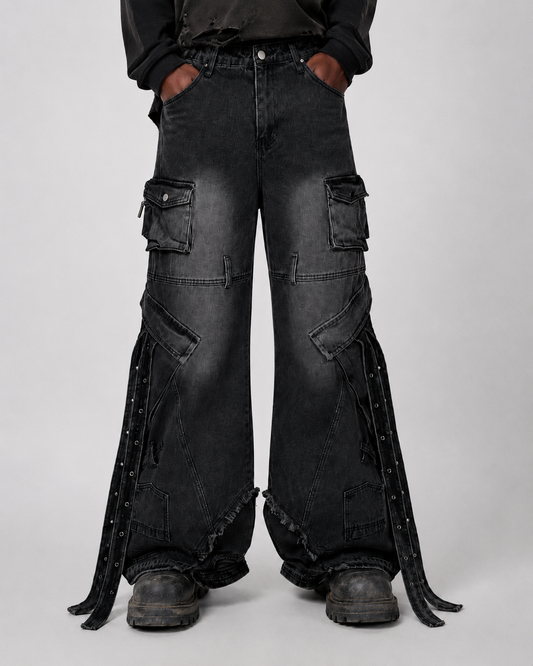 Distressed Cargo Pants with Strap Details