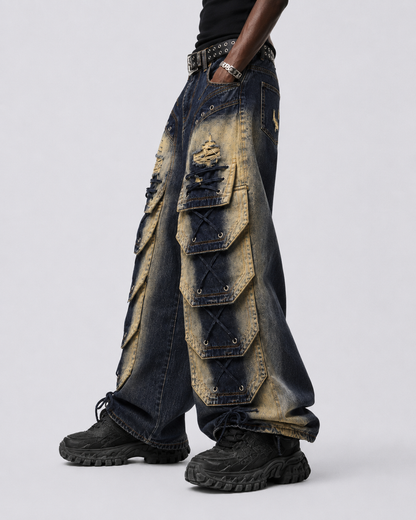 Distressed Layered Cargo Pants With Lacing