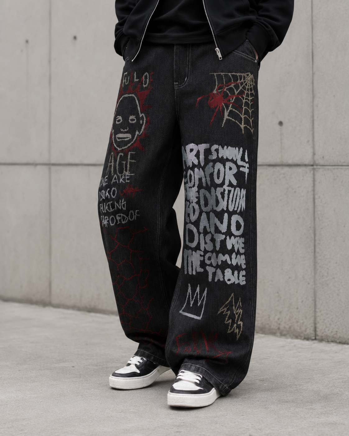 High Street Dark Style Graffiti Embroidered Jeans