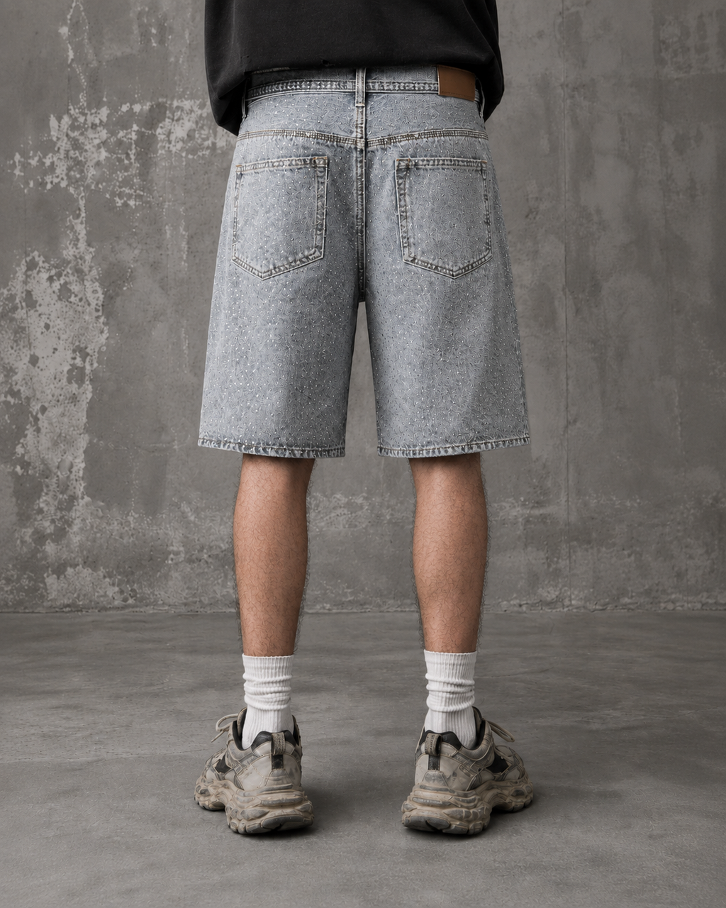 All Over Rhinestone Washed Denim Jort Shorts
