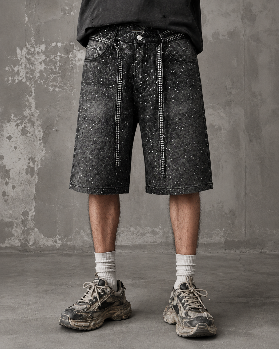 All Over Rhinestone Washed Denim Jort Shorts