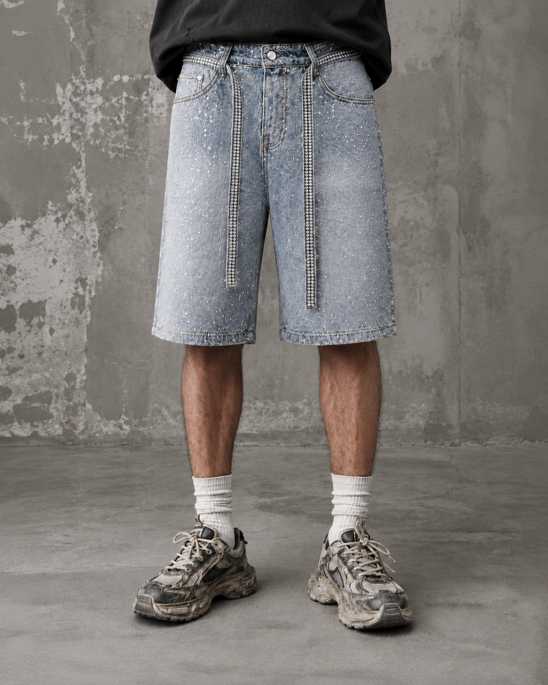 All Over Rhinestone Washed Denim Jort Shorts