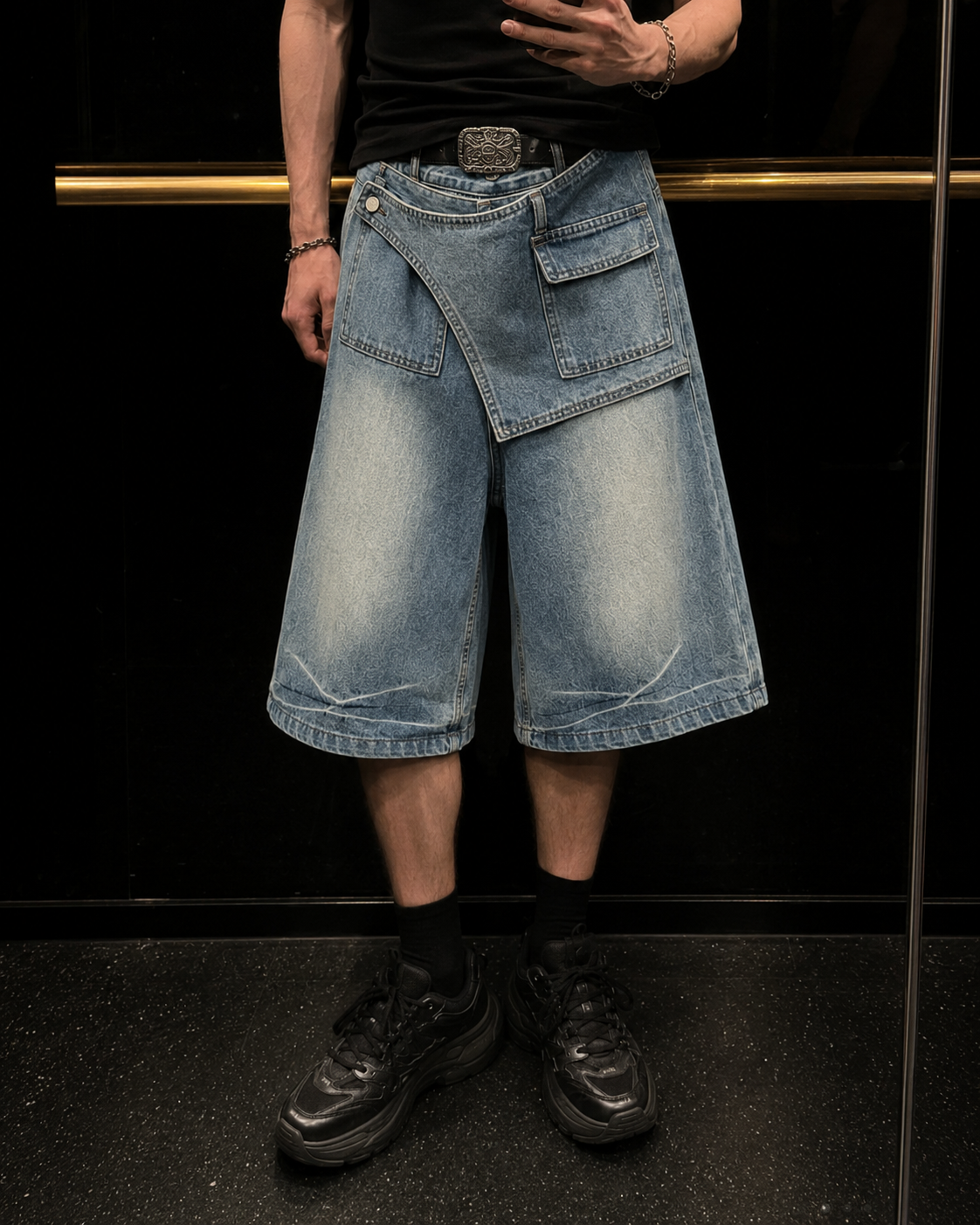 KIIKIO Retro Asymmetrical Pocket Denim Straight Shorts