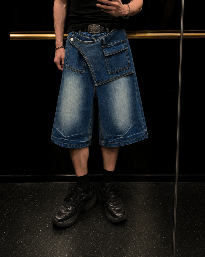 KIIKIO Retro Asymmetrical Pocket Denim Straight Shorts