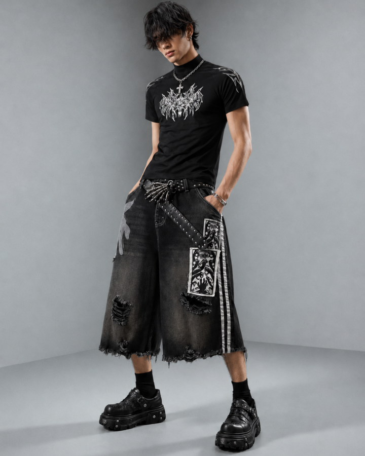 Distressed Gothic Graphic Denim Shorts（ Belt included )