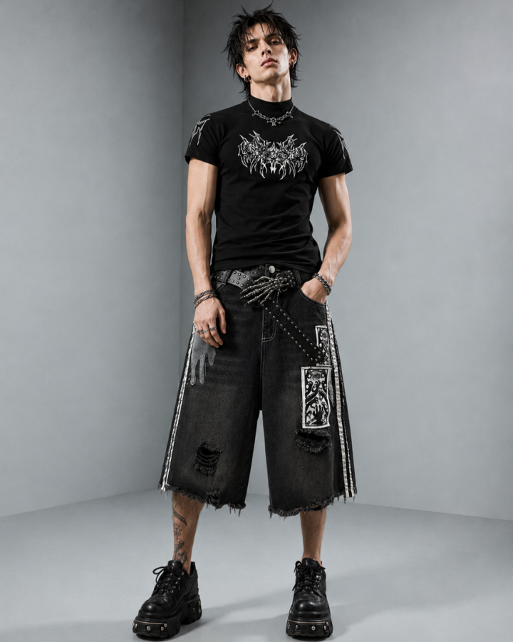 Distressed Gothic Graphic Denim Shorts（ Belt included )