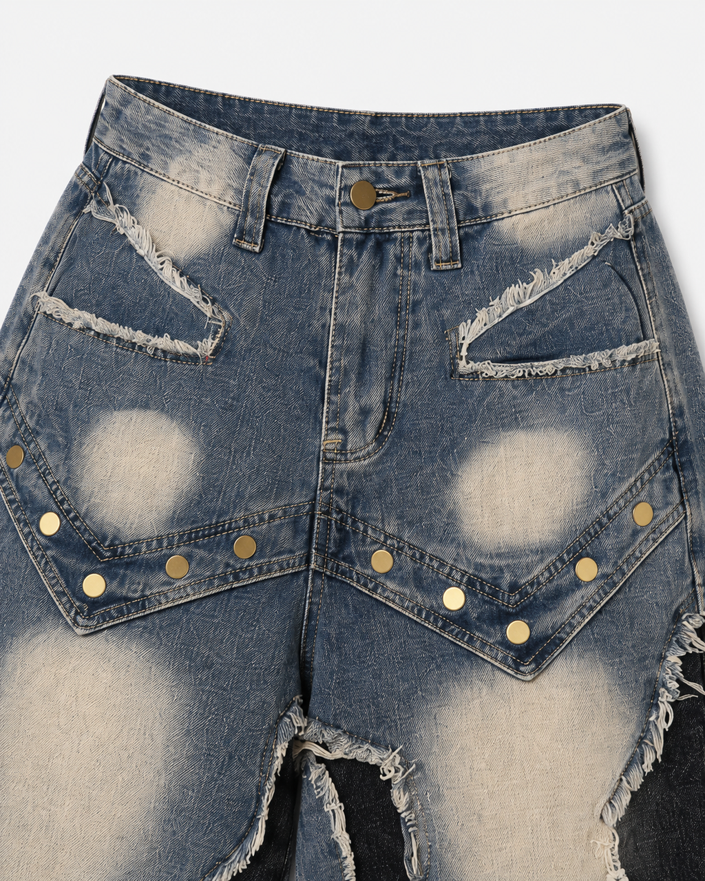American-Style Distressed Washed Color-Blocked Ripped Capri Pants