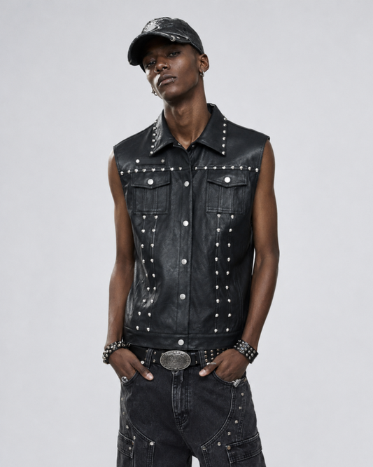 Collared Punk Vest With Rivets Motorbike Style