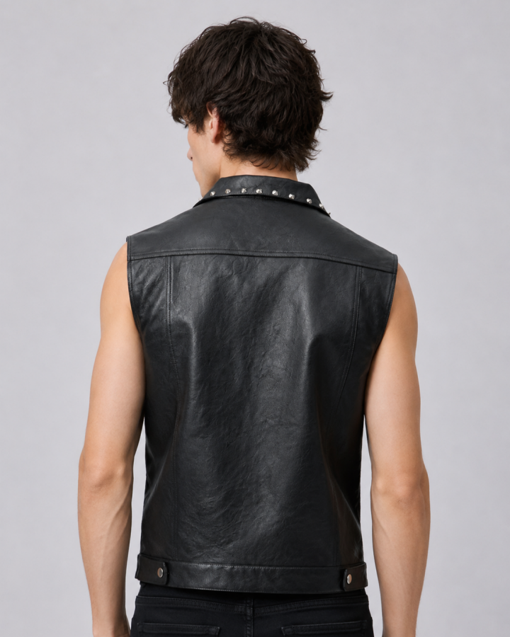Collared Punk Vest With Rivets Motorbike Style